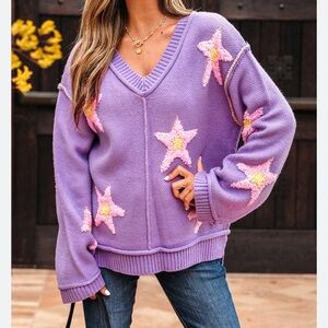 POL Purple Lavender Star V-Neck Sweater